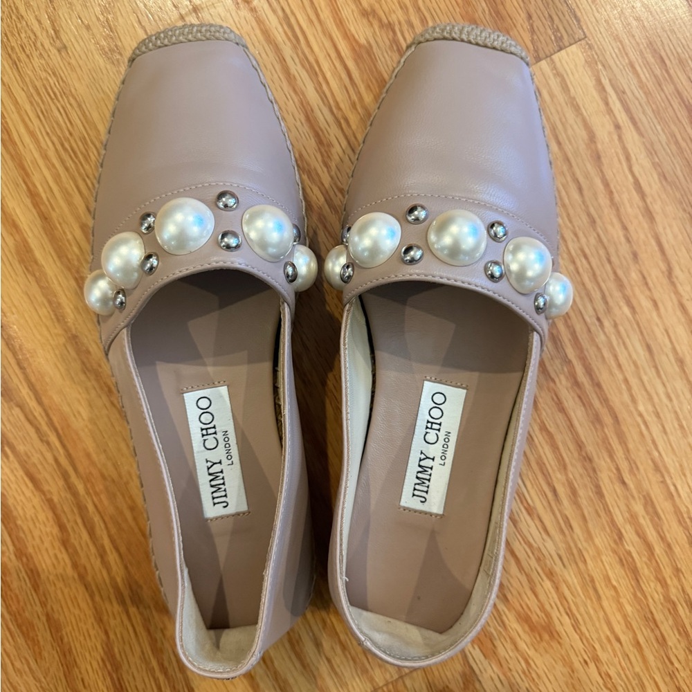 Jimmy Choo Beige Loafers with Pearl Embellishments